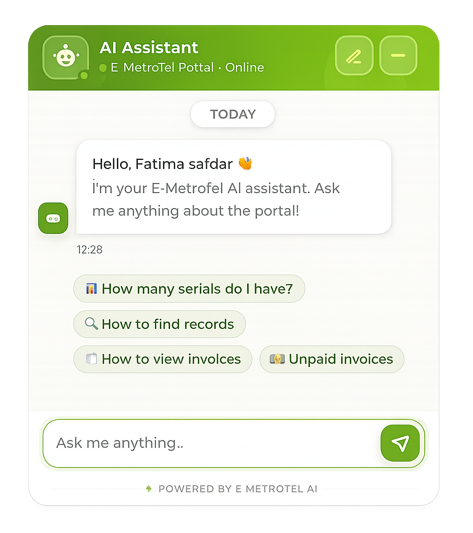 E-MetroTel AI Assistant helping employees find answers and recommend solutions