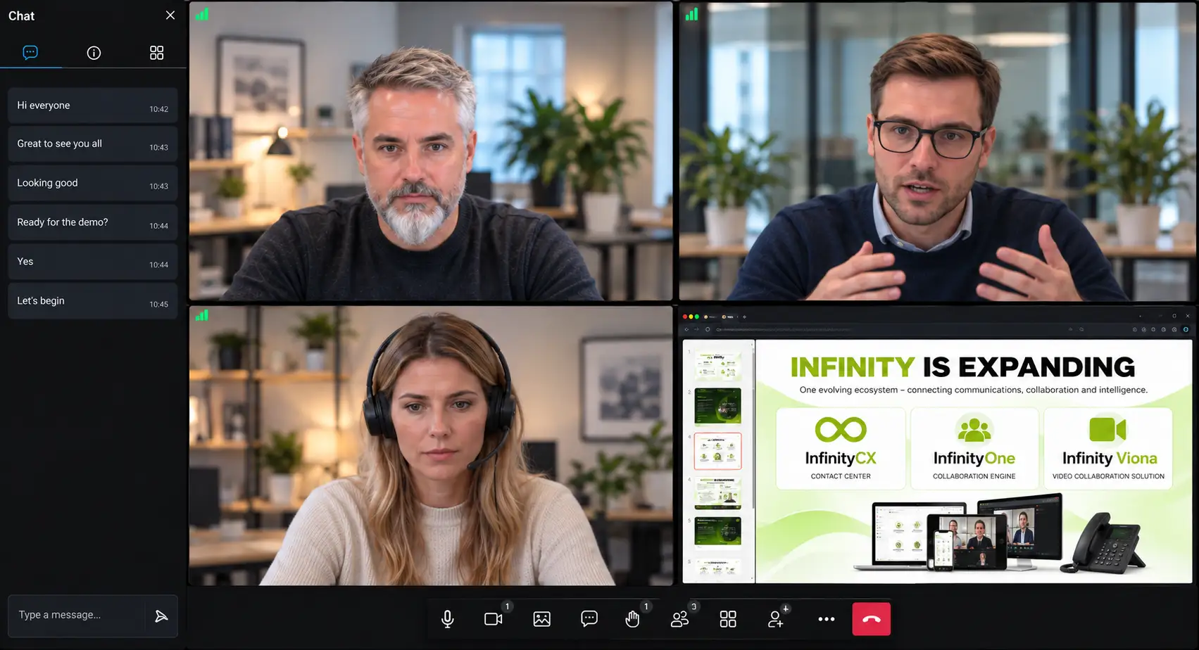 Infinity Viona video meeting with live chat, a shared presentation and controls to mute, turn the camera on or off, raise a hand, invite participants and end the meeting