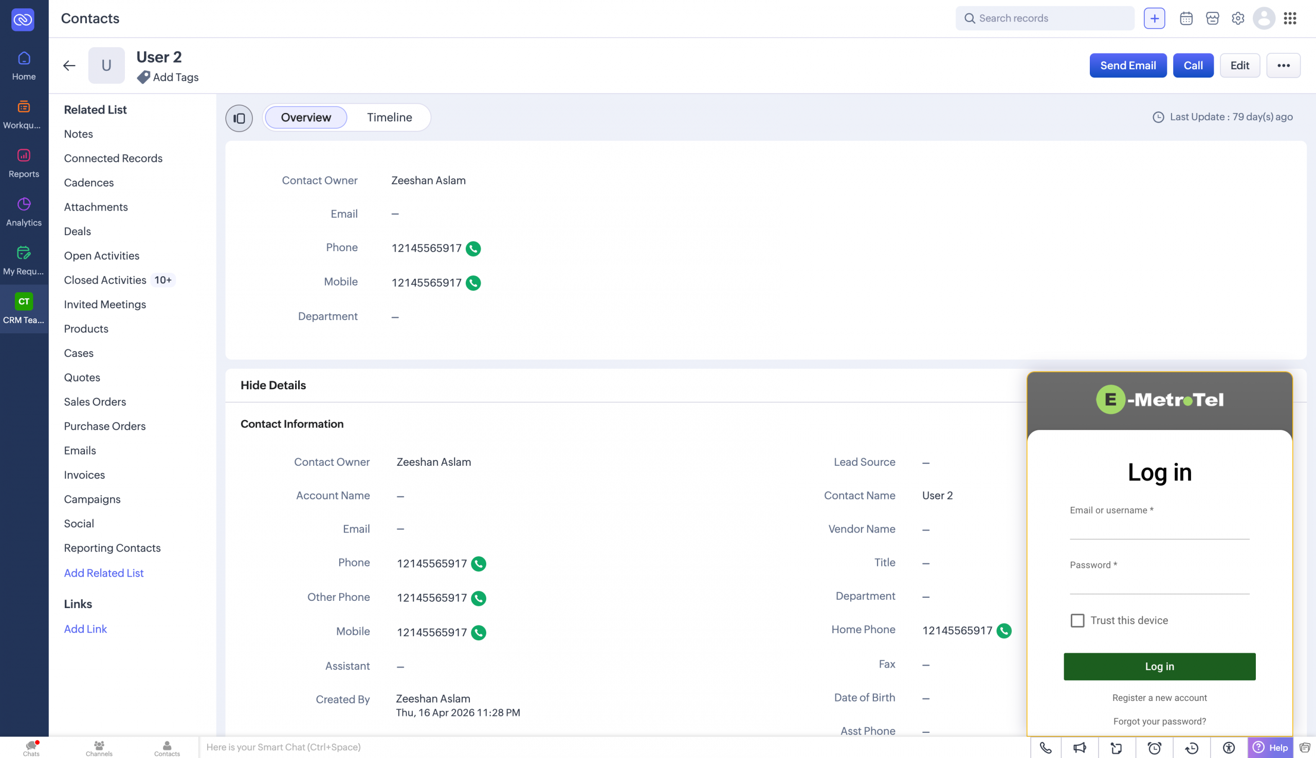 InfinityOne login inside Zoho CRM