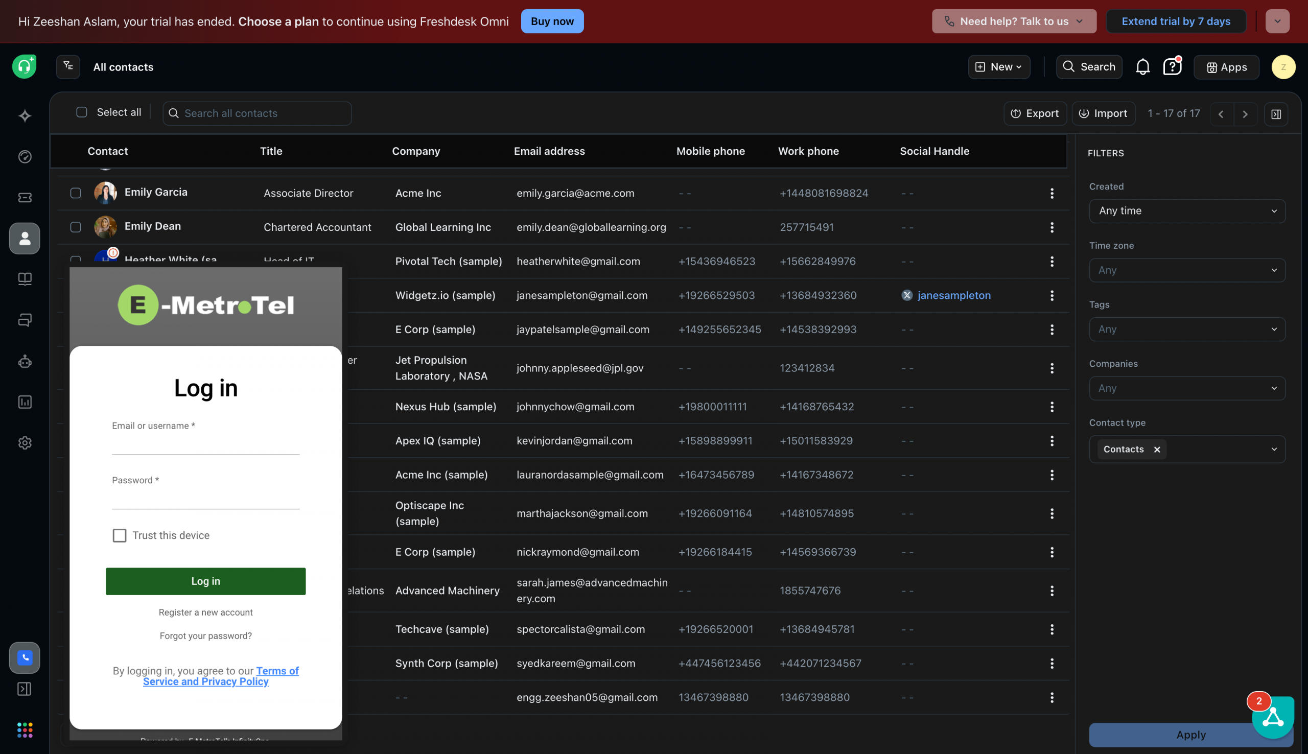 InfinityOne login preview inside Freshdesk