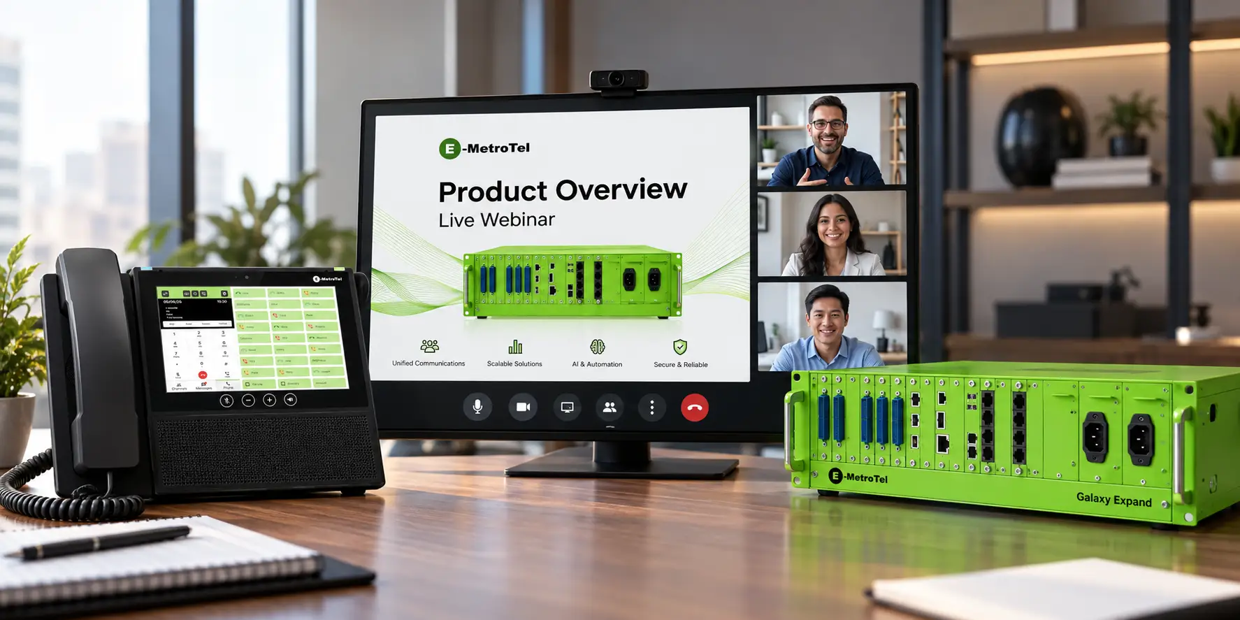 Business phone system webinar: E-MetroTel presenter on a video call with an Infinity desk phone and Galaxy appliance