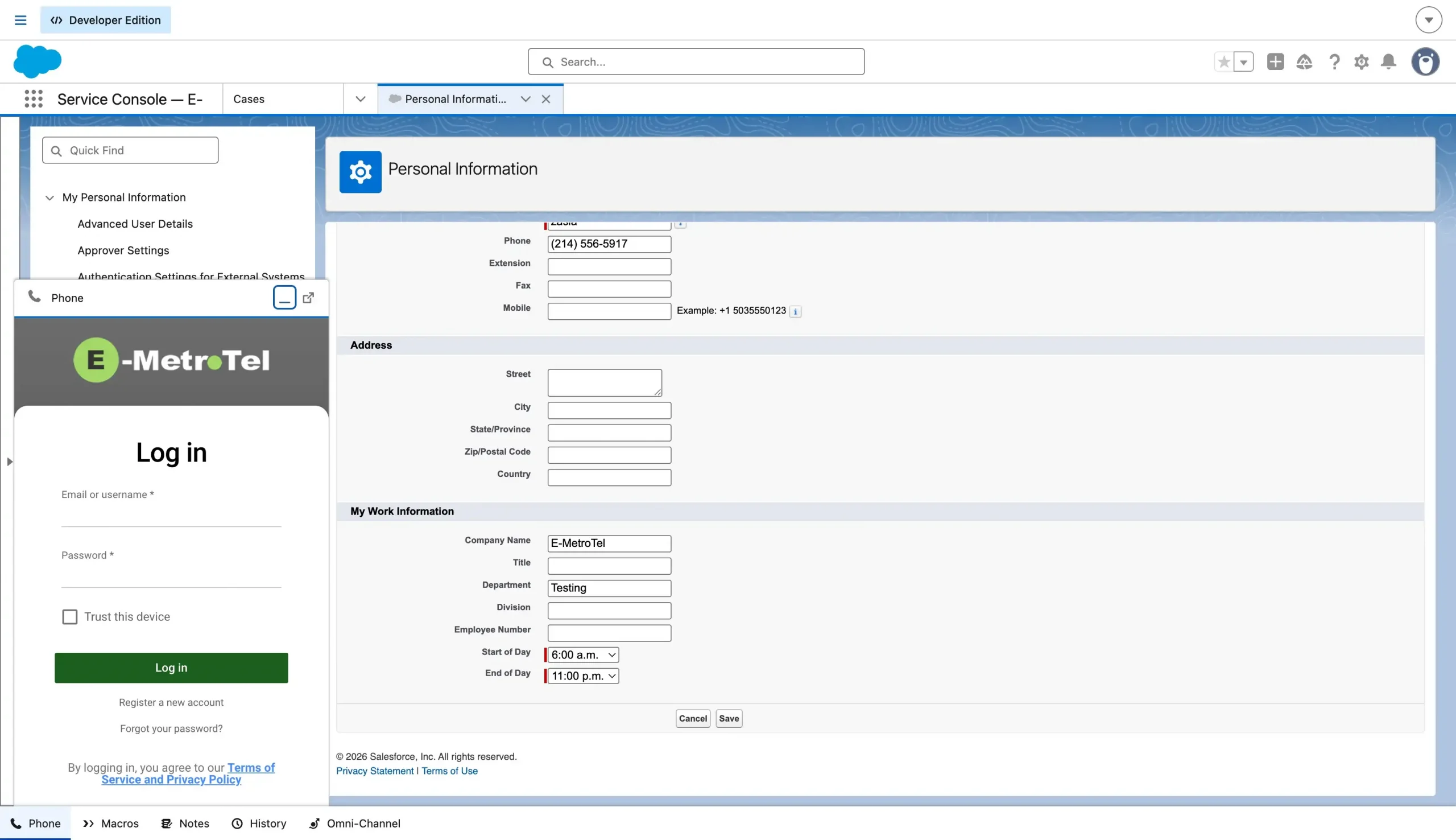 InfinityOne login dashboard inside Salesforce CRM