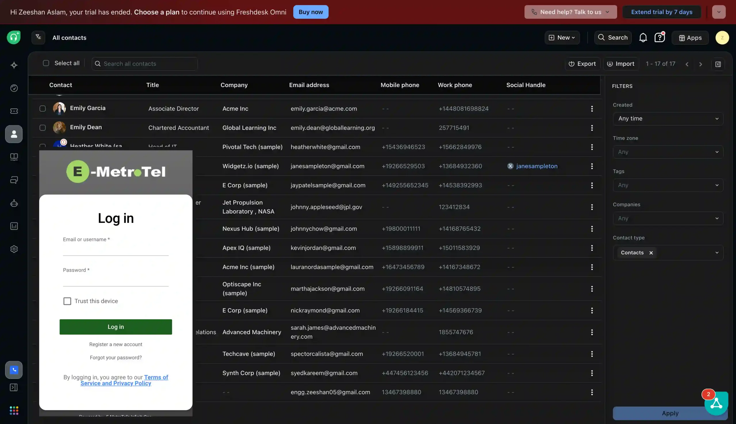 InfinityOne login dashboard preview inside Freshdesk CRM