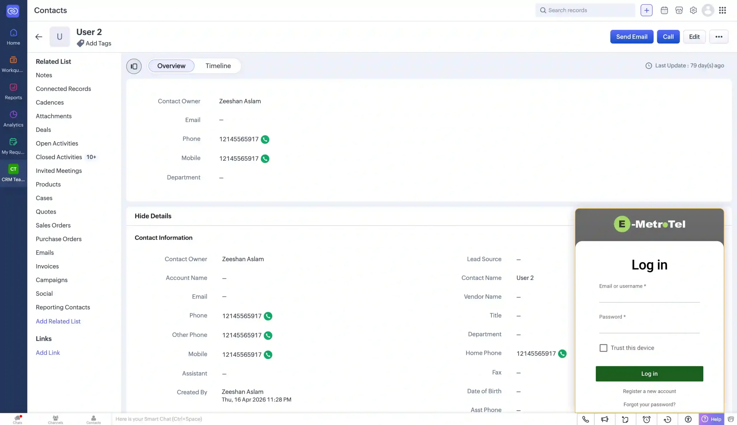 InfinityOne login dashboard inside Zoho CRM
