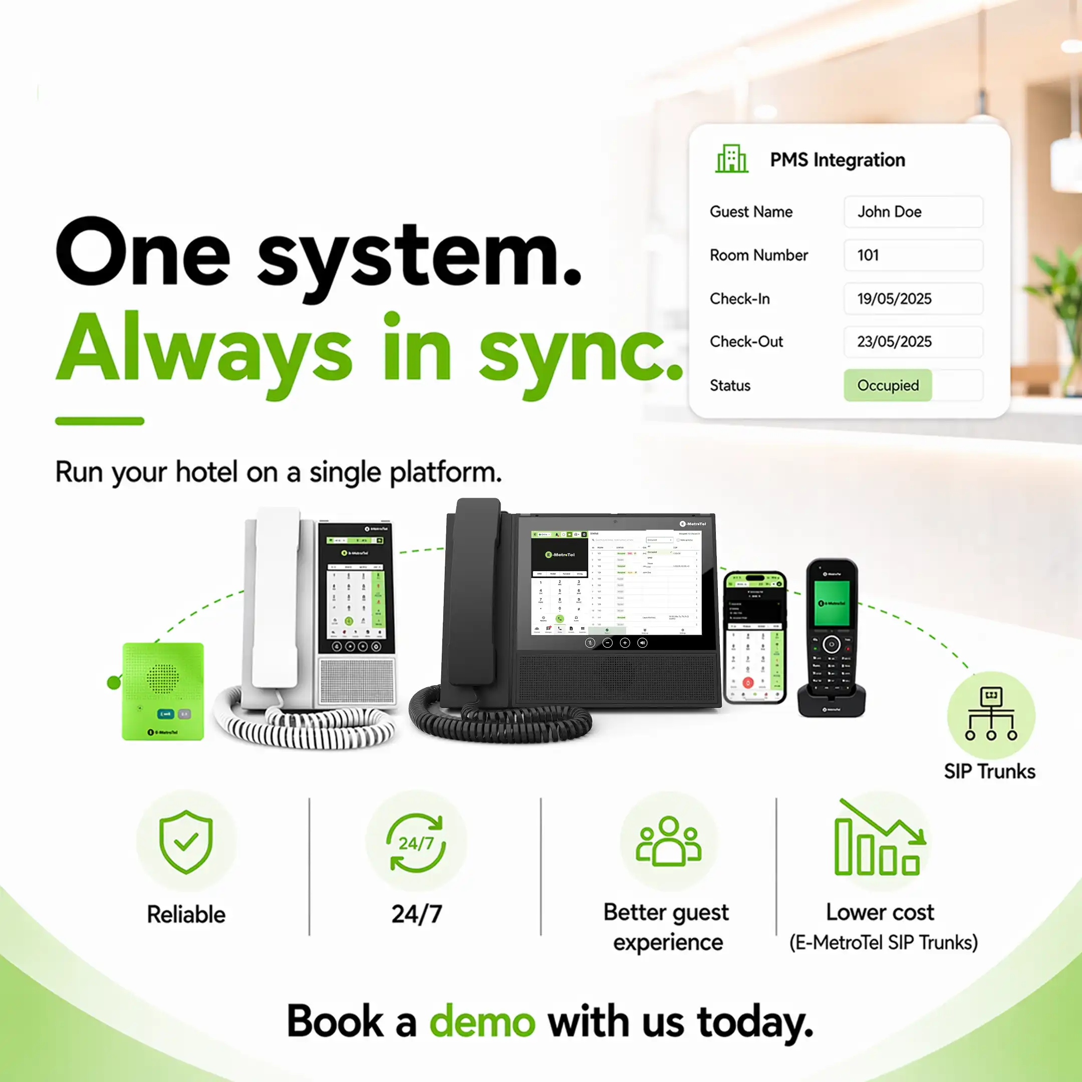 E-MetroTel devices kept in sync on one hospitality platform