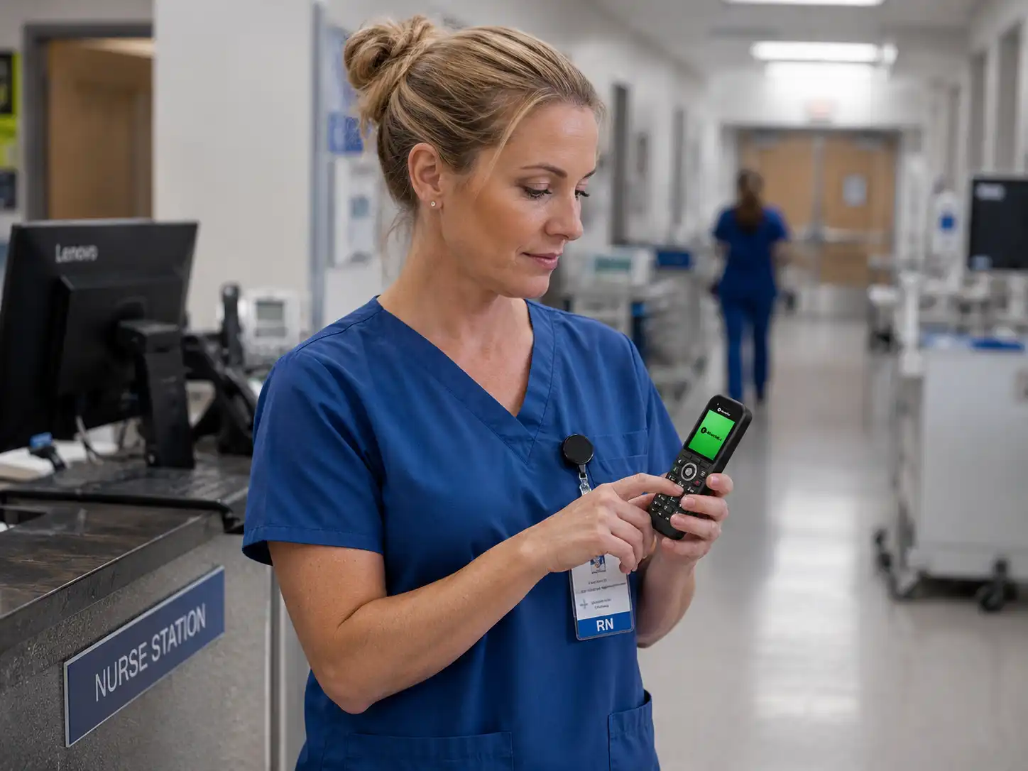 Employee using the Infinity 277 DECT Phone for workplace communication