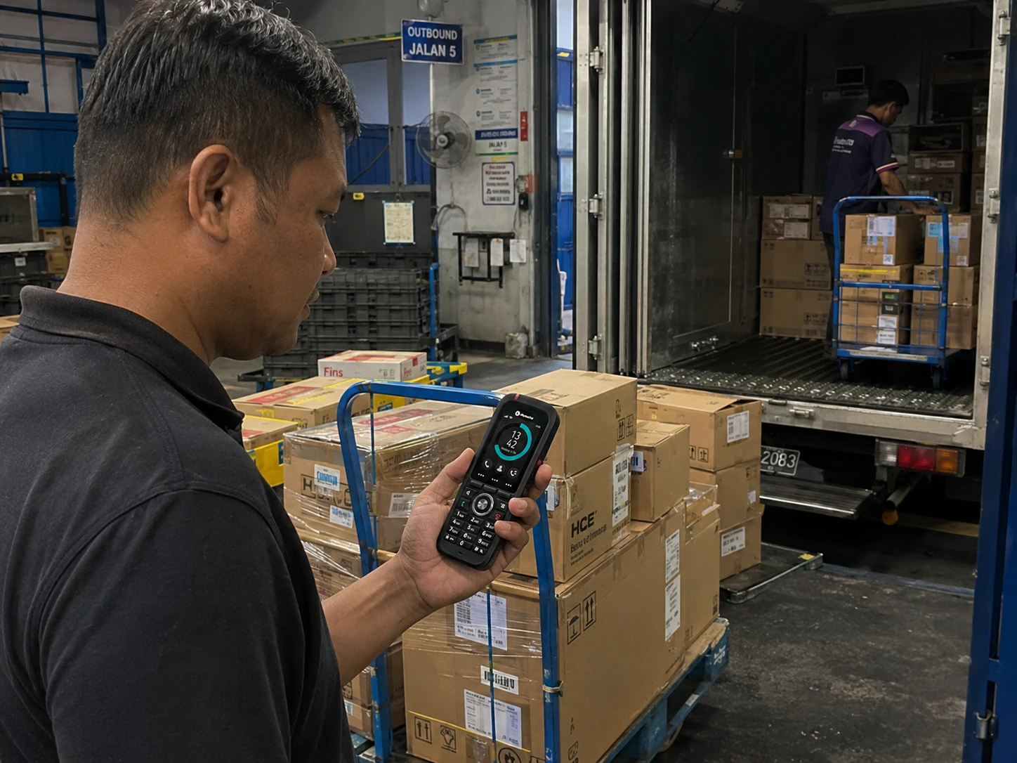 Employee using the Infinity 577 DECT handset in a manufacturing facility