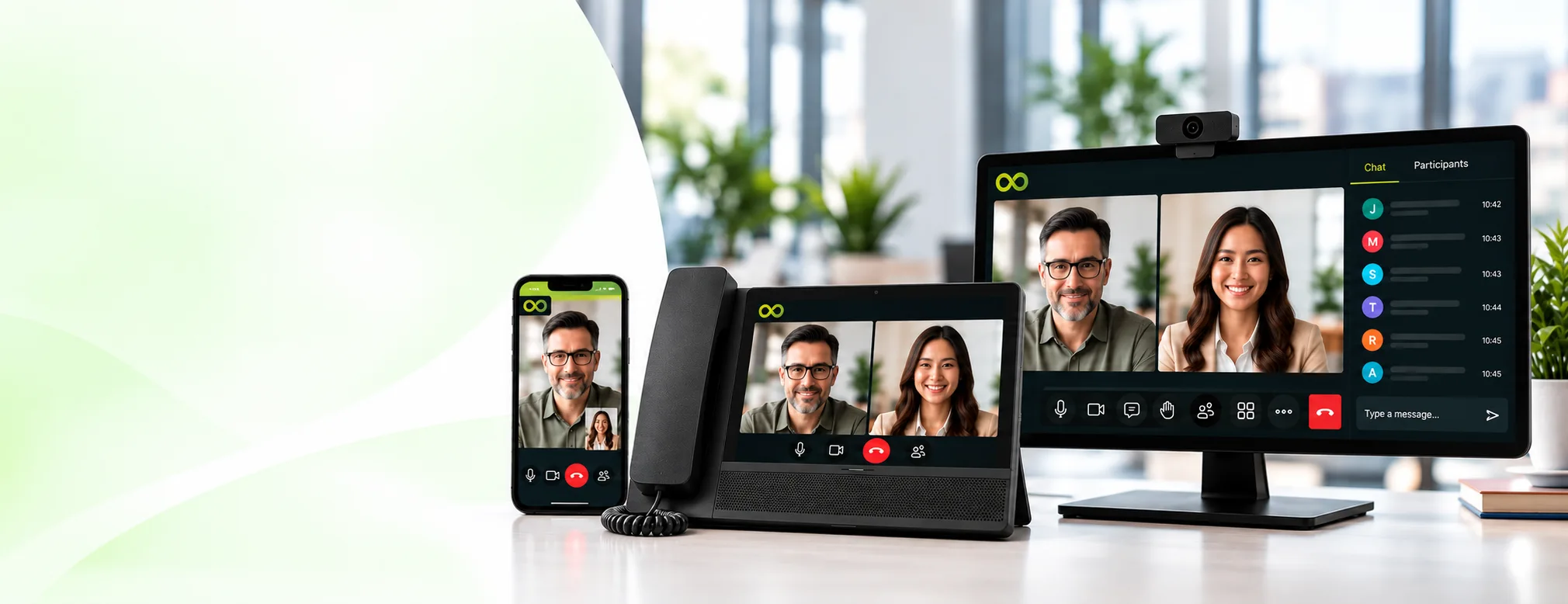 Infinity Viona video meeting on a smartphone, desk phone and monitor in a modern workspace
