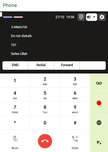 Infinity Web Client dial pad with answer, hang up and hold call controls