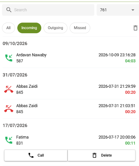 Infinity Web Client call history with incoming, outgoing and missed calls