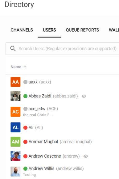 Infinity Web Client user directory with presence status and search