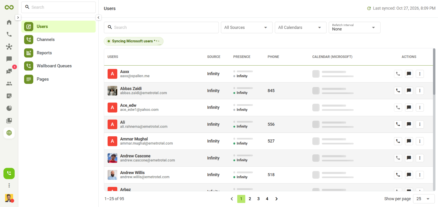 Infinity Web Client user directory showing presence, Microsoft calendar status and click-to-call actions