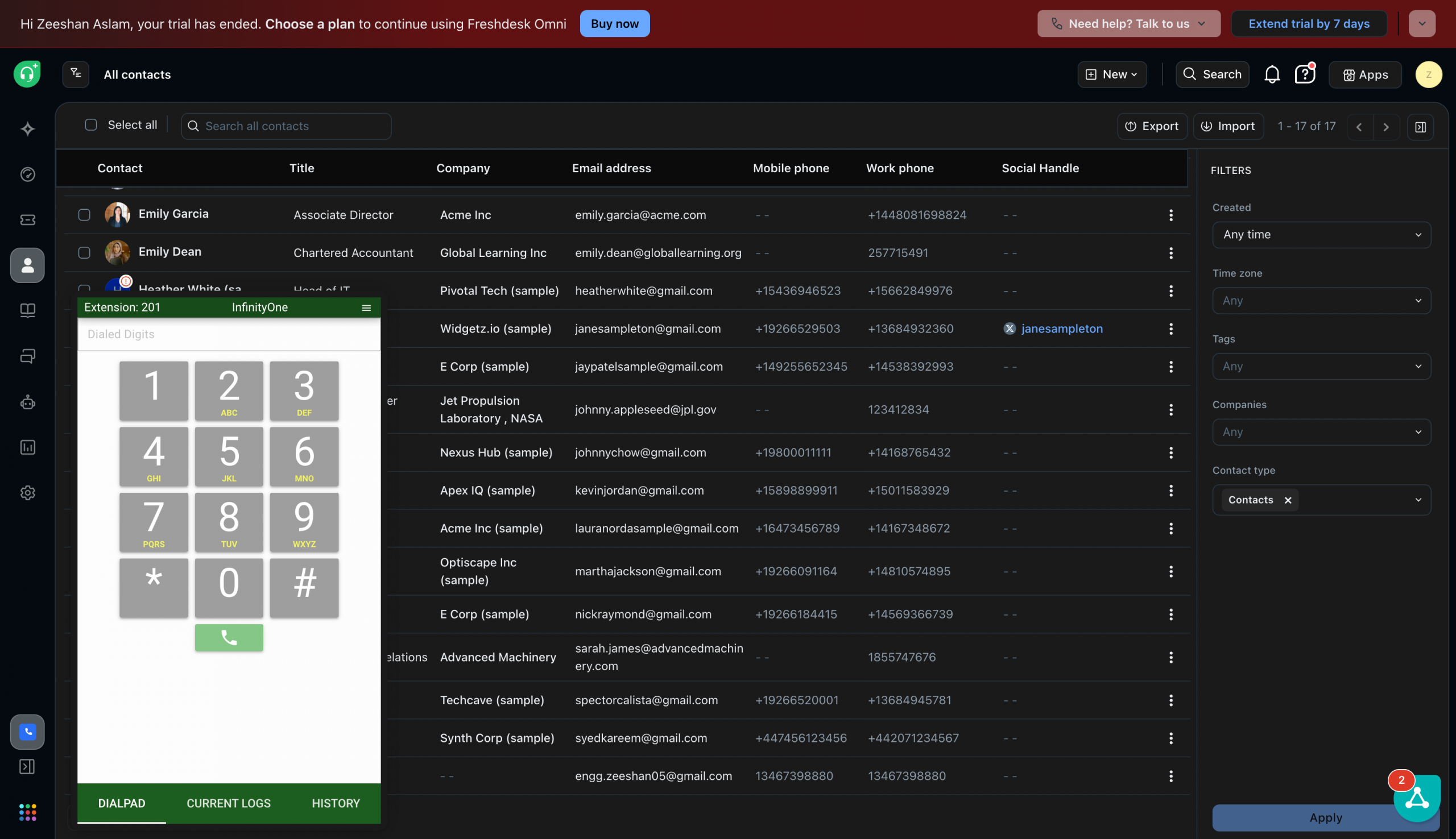 InfinityOne dialpad preview inside Freshdesk