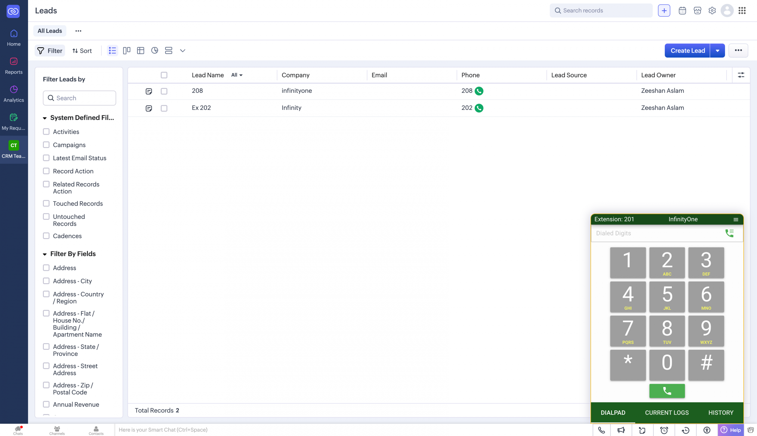 InfinityOne dialpad inside Zoho CRM