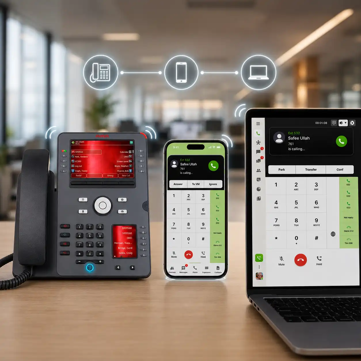 Avaya desk phone connected with E-MetroTel softphones on mobile and desktop using the same extension