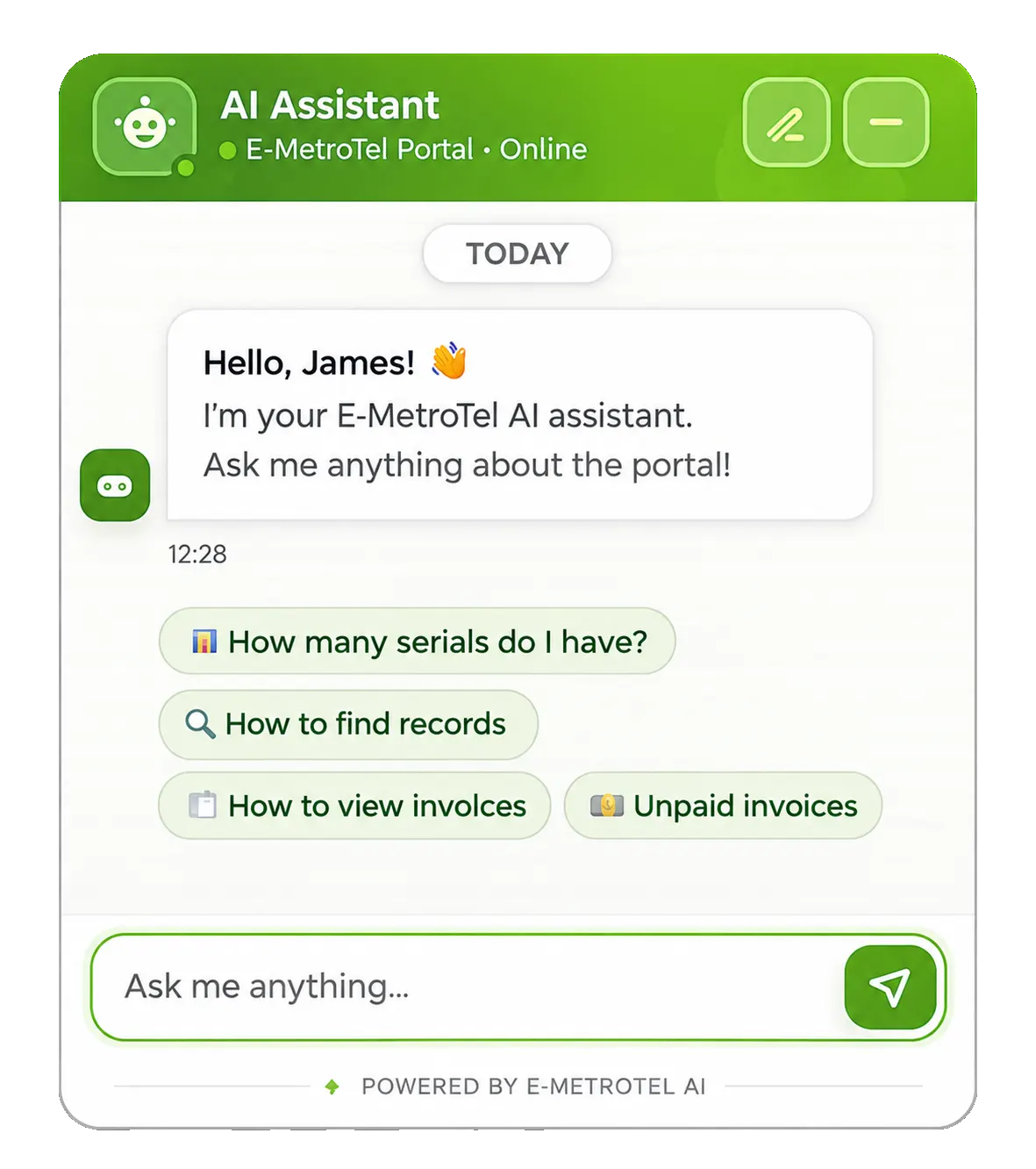 E-MetroTel AI Assistant helping employees find answers and recommend solutions
