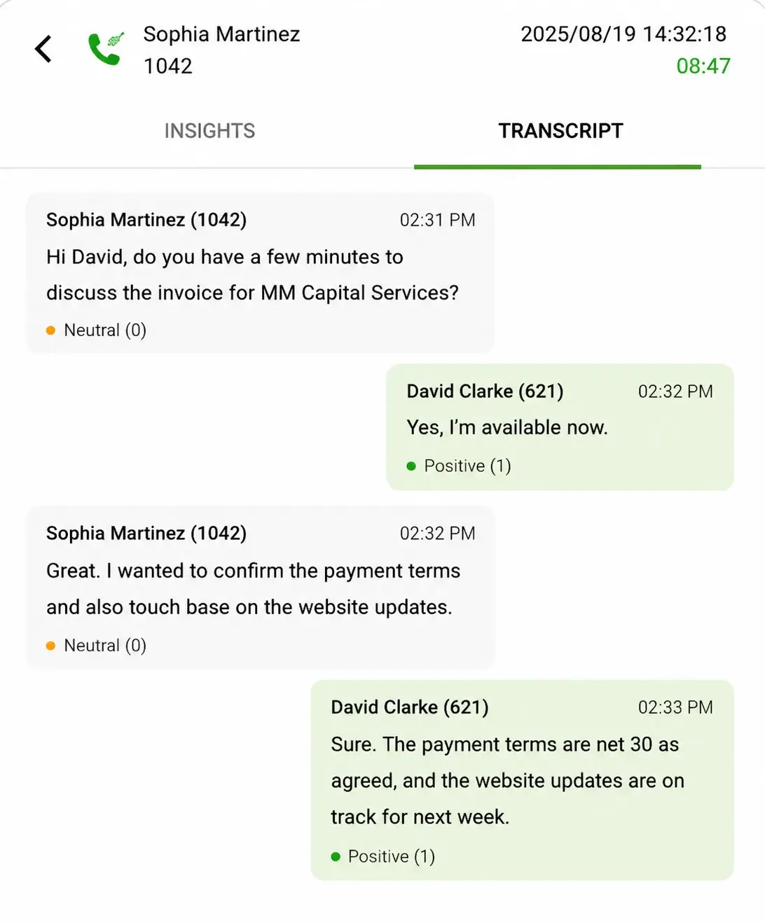 AI call transcripts and notes on the E-MetroTel AI phone system