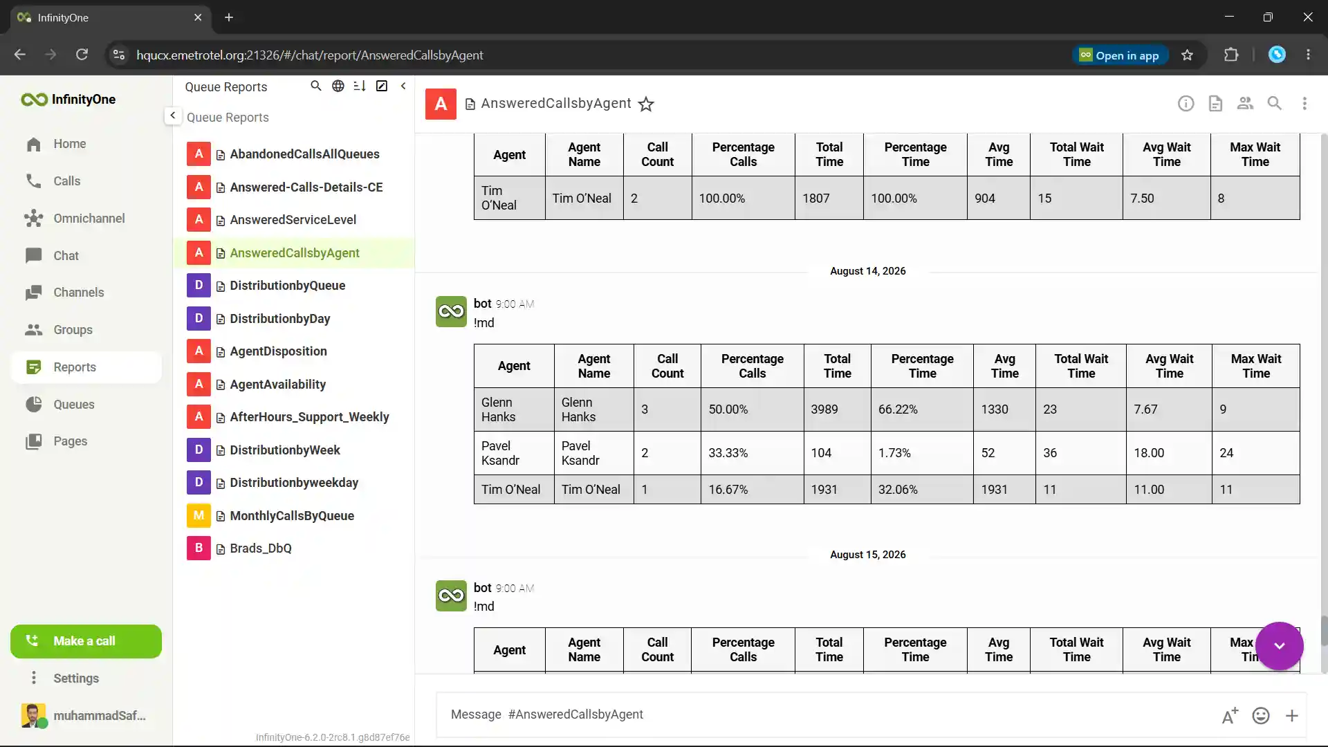 Infinity Web Client call reports