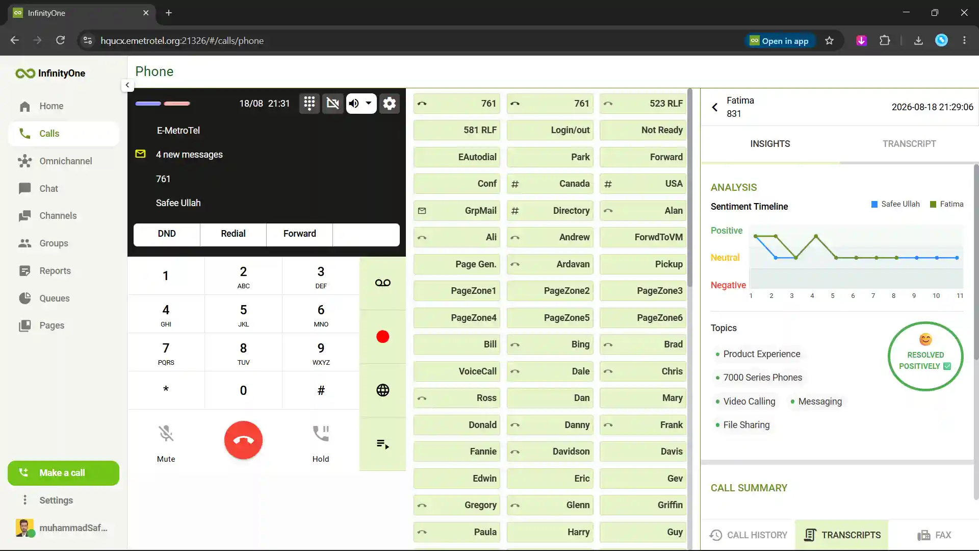 Infinity Web Client AI call summary sentiment analysis and customer insights
