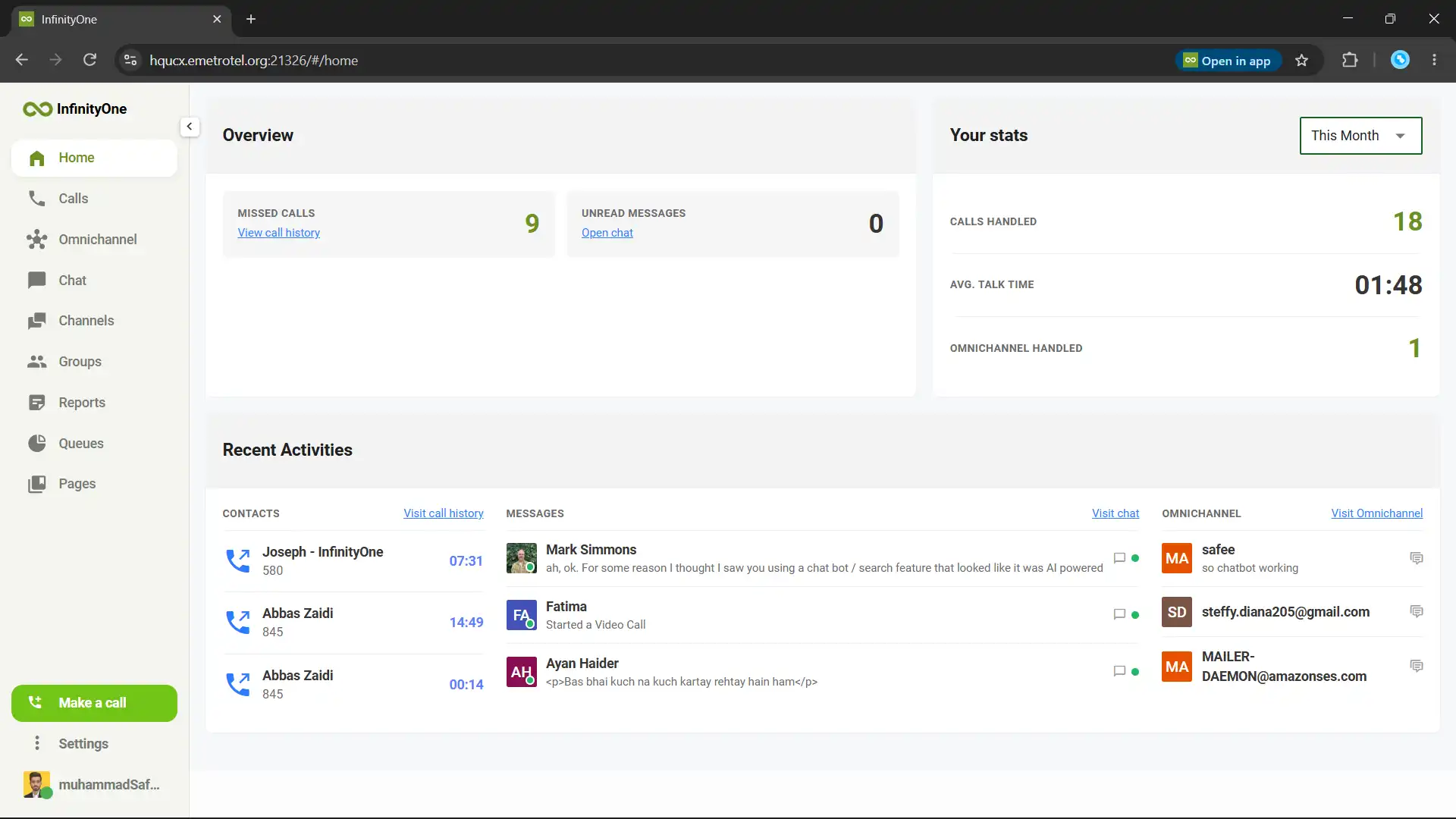 Infinity Web Client dashboard