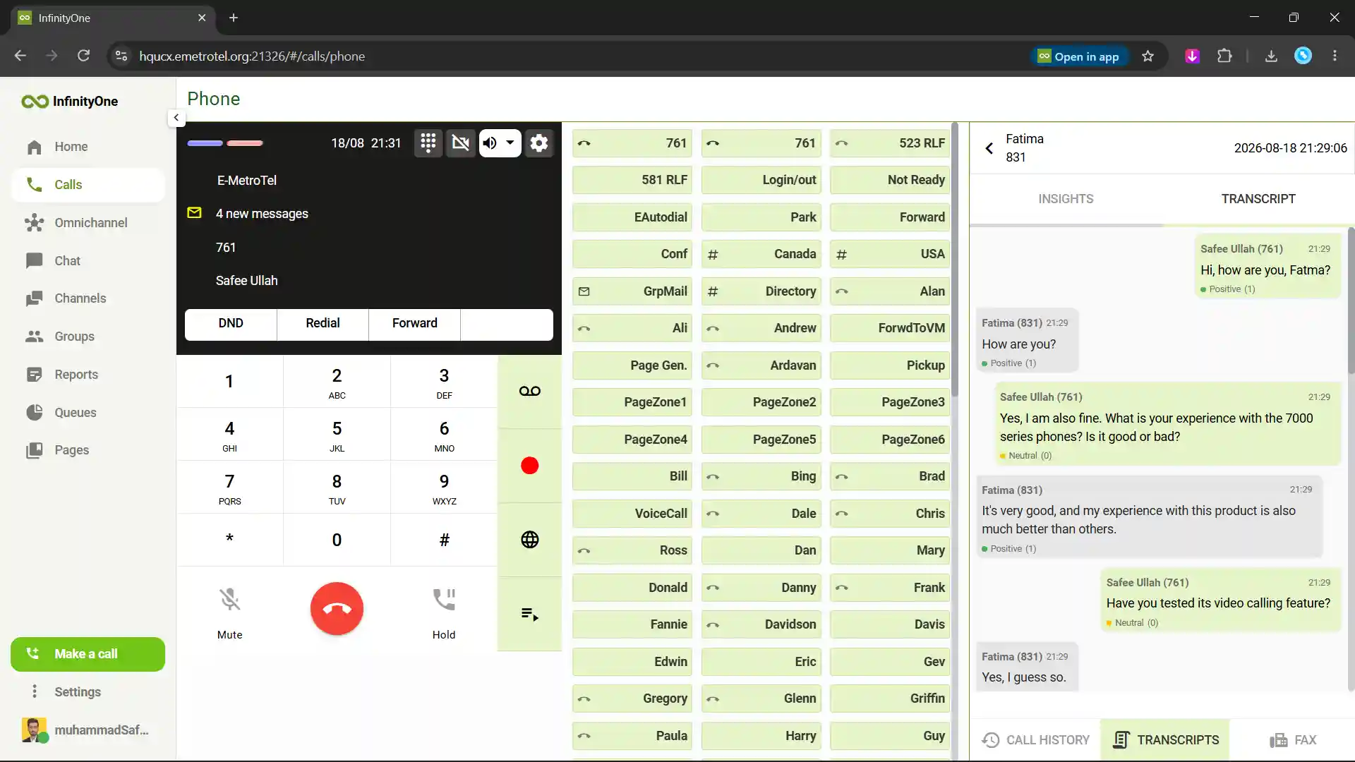 Infinity Web Client AI call transcript