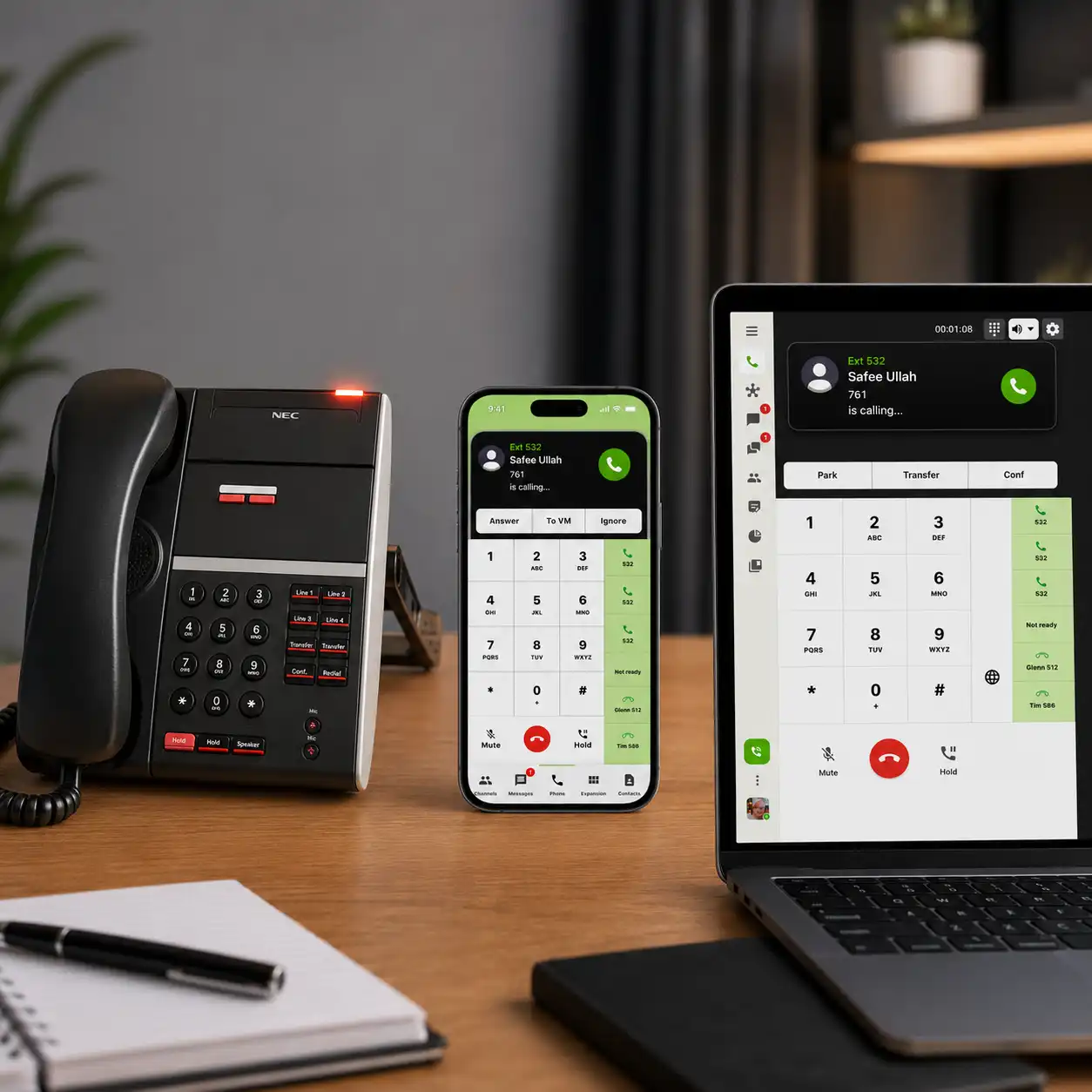 Existing NEC desk phone connected with mobile, desktop and tablet softphones using one extension