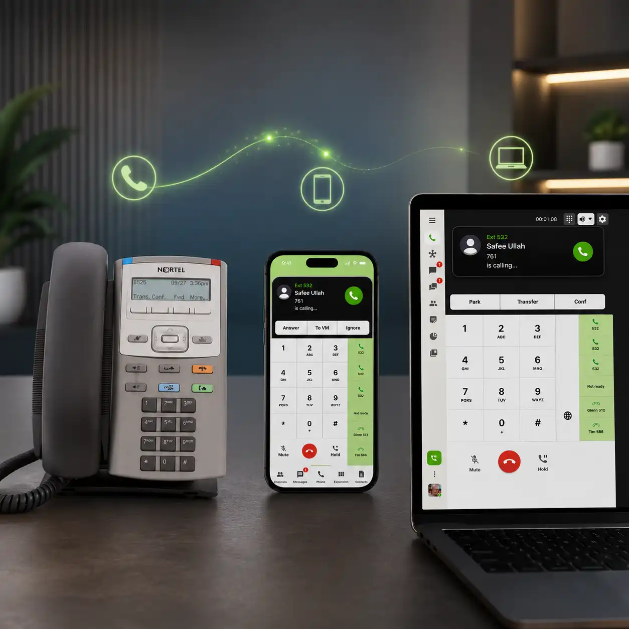 Nortel desk phone connected with E-MetroTel softphones on mobile, desktop, laptop and tablet using one extension